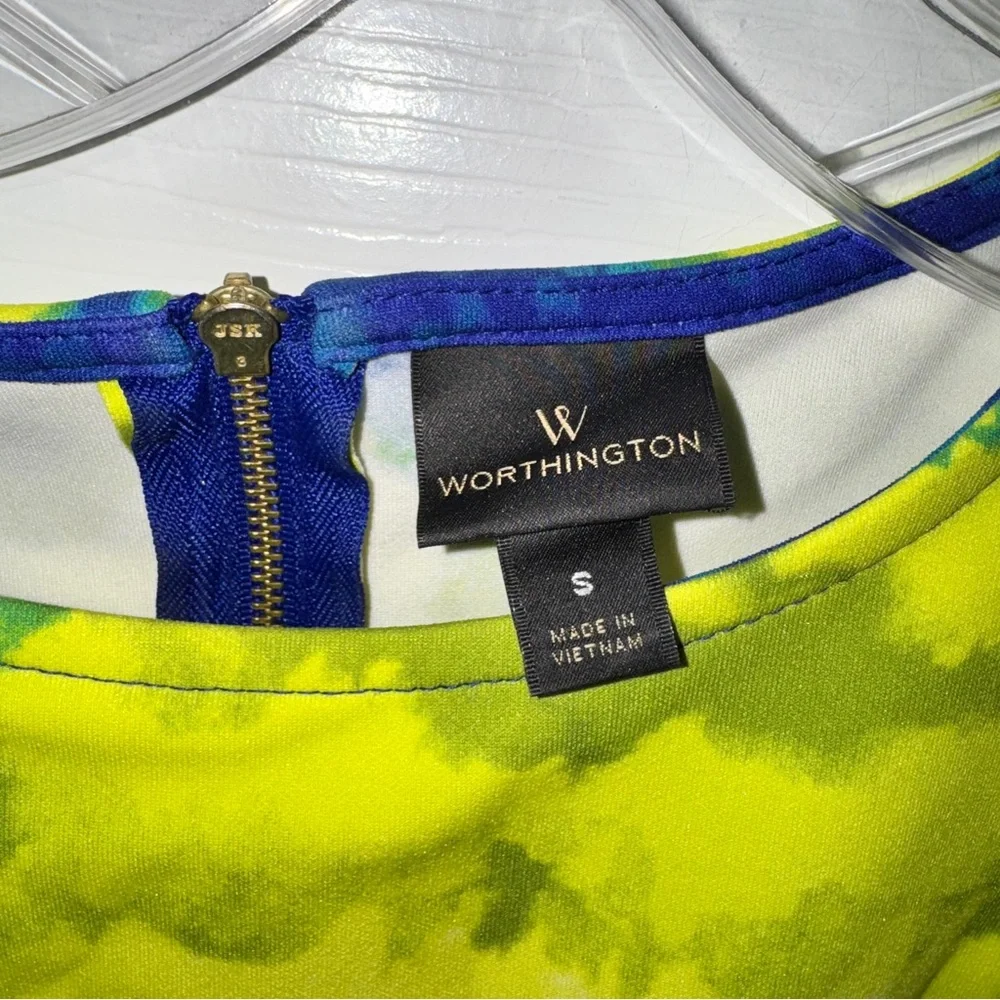 Worthington Vibrant Yellow and Blue Tye Dye Style Sleeveless Peplum Top Shirt S